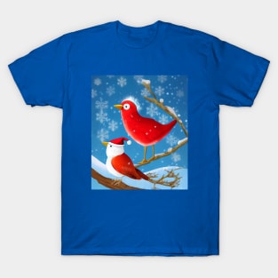 Christmas Funny Red Birds Closeup on a Snowy Branch T-Shirt